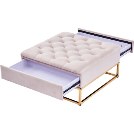 Homy France – Table basse carrée avec plateau en velours capitonné ecru – Structure inox gold – 80x80xH43cm – 2 tiroirs de rangement pratiques