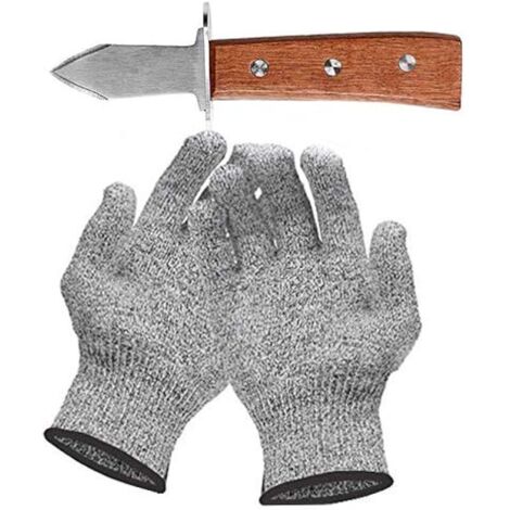 Hondex Couteau à Huîtres-Set, Inclure 17 cm Couteau Huitre et Paire de Gants de Protection de Grade 5, Manche en ChêNe de Grade A, pour les CrustacéS ou le Fromage PâTe Dure (Gant taille L)
