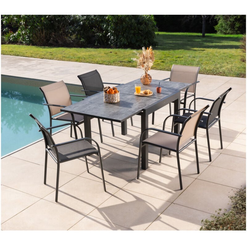 Honfleur beziers ardoise - Ensemble table et chaises de jardin - 6 places - Anthracite et Lin