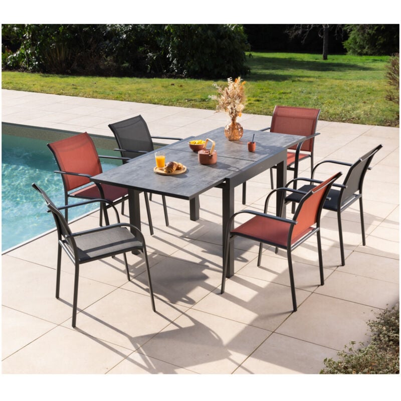 Honfleur beziers ardoise - Ensemble table et chaises de jardin - 6 places - Anthracite et Terracotta