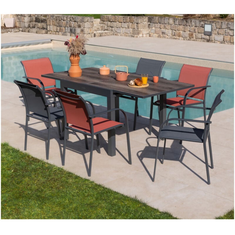 Honfleur beziers chene - Ensemble table et chaises de jardin - 6 places - Anthracite et Terracotta