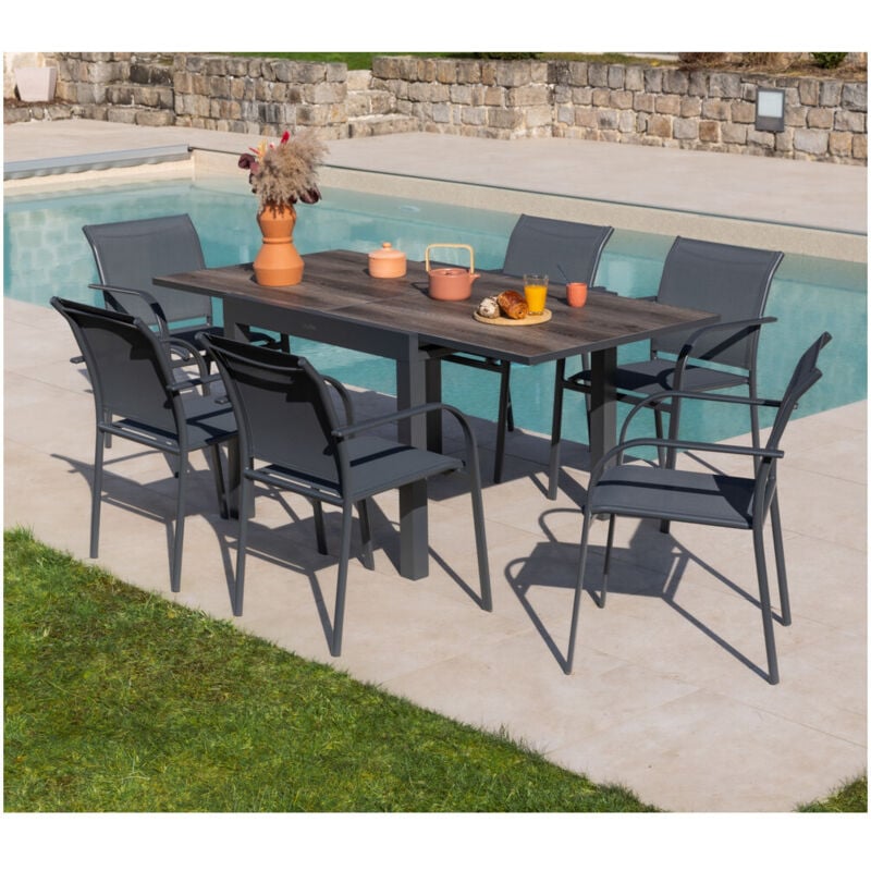 HONFLEUR BEZIERS CHENE - Ensemble table et chaises de jardin - 6 places - Gris Anthracite