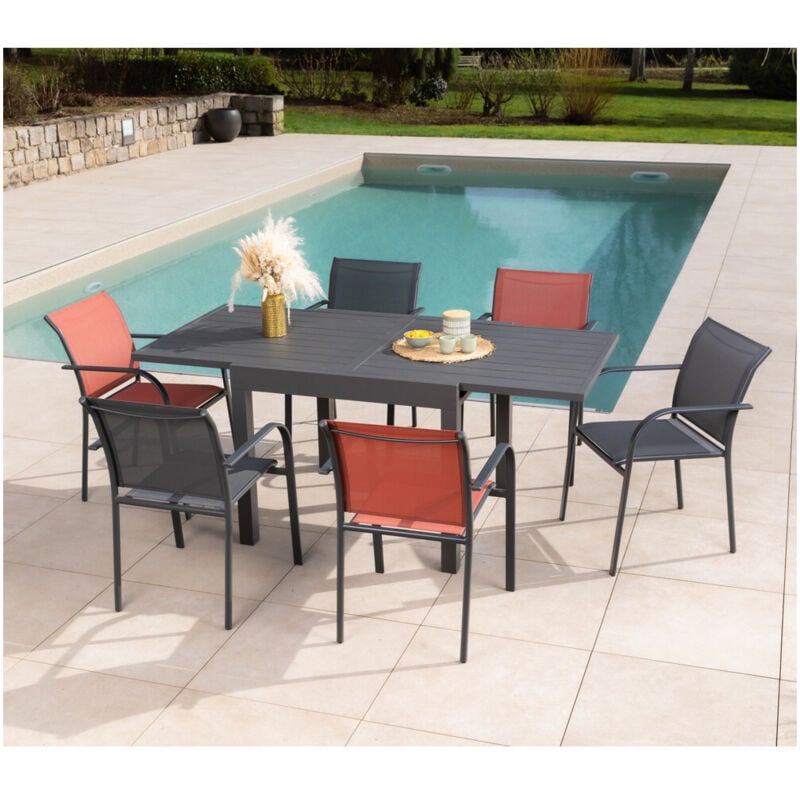 Honfleur beziers - Ensemble table et chaises de jardin - 6 places - Gris Anthracite et Terracotta