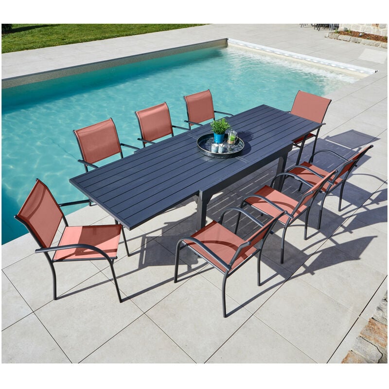 Ozalide - honfleur xl beziers - Ensemble table et chaises de jardin - 8 places - Terracotta - gris anthracite