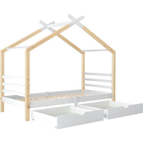 HONGYA Lit cabane enfant en bois avec 2 tiroirs 90x200 cm inclus sommier -couleur blanc + bois