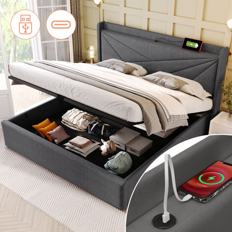 HONGYA Lit coffre adult double 160x200 cm avec espace de rangement fonction de chargement USB type atête de lit d'adolescent,beige