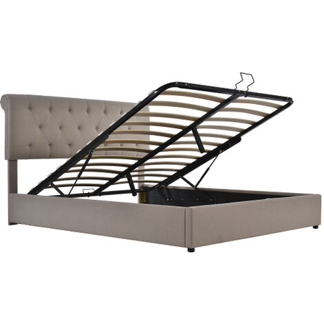 HONGYA Lit double coffre hydraulique 160x200cm inclus sommier tête de lit réglable avec rangement -style contemporain-beige