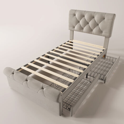 HONGYA Lit simple 90x200 cm sommier inclus avec 2 tiroirs rangement tête de lit réglable en hauteur-style contemporain-beige