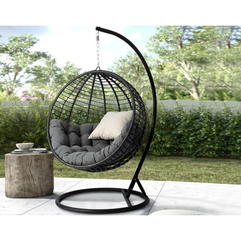Honolulu - hängesessel - aus schwarzem rattan-geflecht und grauen kissen - schwarz / grau