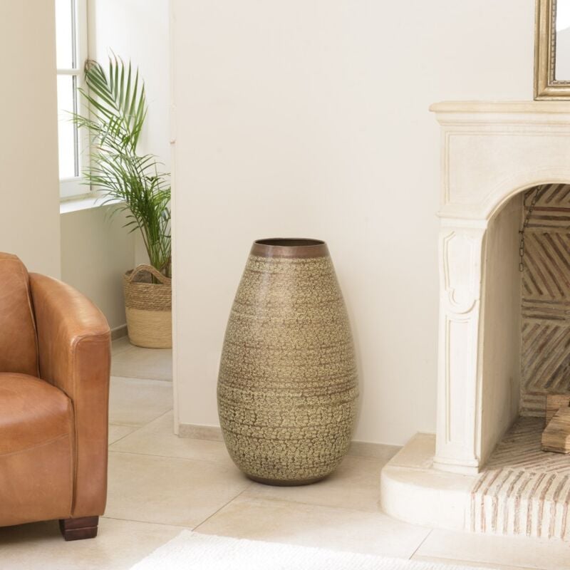 Macabane - honore - Vase alu L40cm H70cm vert vieilli motifs arabesques fleuris