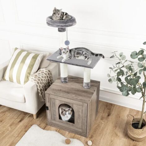 Hoobro – Arbre à chat avec bac et maison de toilette 52 x 45 x 128 cm – Panneaux de particules, fer, flanelle, corde de sisal – EBG12MW03