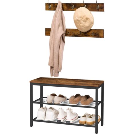 Hoobro – Porte-manteau mural avec banc à chaussures – Dimensions 70 x 30 x 46 cm – Charge maximale 80 kg – 9 crochets – EBF07MT01