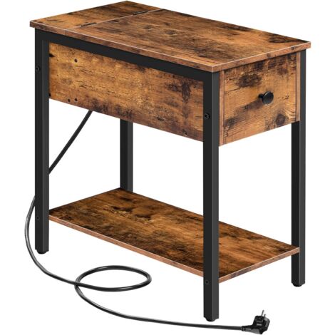 HOOBRO Tavolino con Stazione di Ricarica, Comodino con Porte USB e Prese, Tavolino da Divano con Cassetti, per Piccoli Spazi, per Camera da Letto e Soggiorno, Marrone Vintage e Nero EBF042BZ01