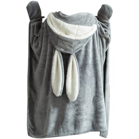 Hooded Blanket Wearable Polyester Plush Rabbit Ear Hooded Blanket Throw Soft Warm Blanket for Home Dark Gray Large