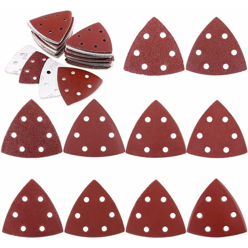 Hook and Loop Sander Pads, 50 Pieces 90mm Triangle Sander Pads 6 Holes Triangle-Sandpaper Disk Assorted 40/60/80/120/ 180 Grits Hook & Loop Multitool