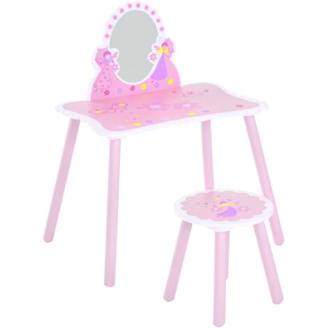 HOOMCOM Girls Kids Pink Dressing Table Make Up Play Set Desk Chair Mirror Wooden