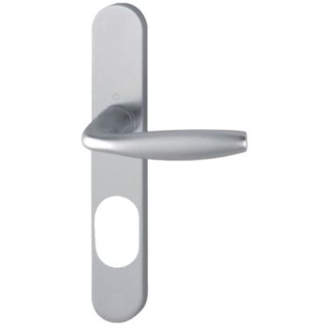 Hoppe – Béquille double sur plaque 195 mm – Perçage oblong pour portes 38-47 mm – Finition argentée moderne – Entraxe de fixation 70 mm