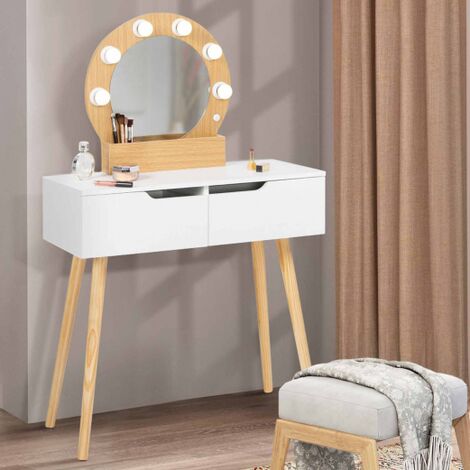 HORIA Tocador escandinavo de 2 cajones en madera y blanco con espejo LED