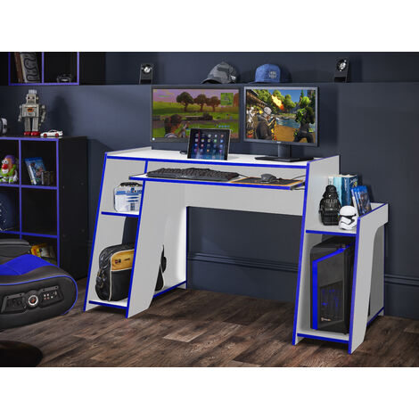 Horizon Gaming Desk with Angled Sides White with Blue trim - White/Blue