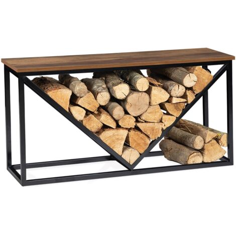 Horizontaler Kaminholzständer HAWKINS Stahl schwarz Holzplatte dunkel