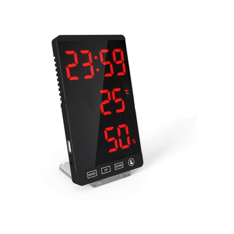 Serbia - Horloge à miroir led, thermomètre et hygromètre, horloge météo électronique, réveil, lettres rouges en gras