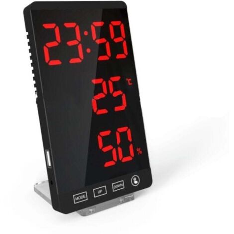 Horloge à miroir LED, thermomètre et hygromètre, horloge météo électronique, réveil, lettres rouges en gras