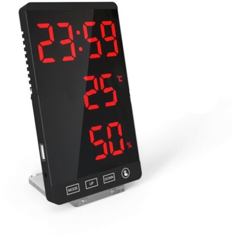 Horloge à miroir LED, thermomètre et hygromètre, horloge météo électronique, réveil, lettres rouges en gras