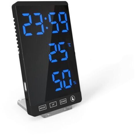 Horloge à miroir LED thermomètre et hygromètre réveil météo électronique en noir et bleu