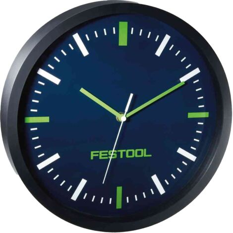 Festool – Horloge murale 30 cm – Cadran bleu foncé avec aiguilles vertes – Mécanisme silencieux – Boîtier en plastique noir