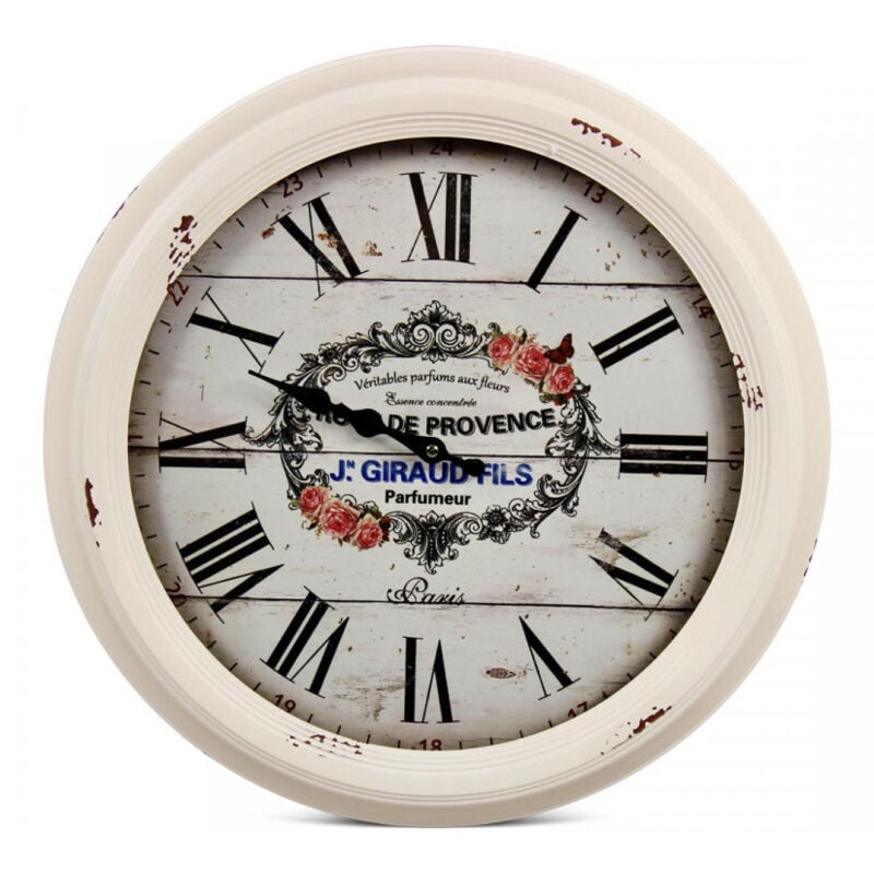 Decoration D ’ Autrefois - Horloge Ancienne Murale Rose de Provence Métal Blanc 47cm - Blanc