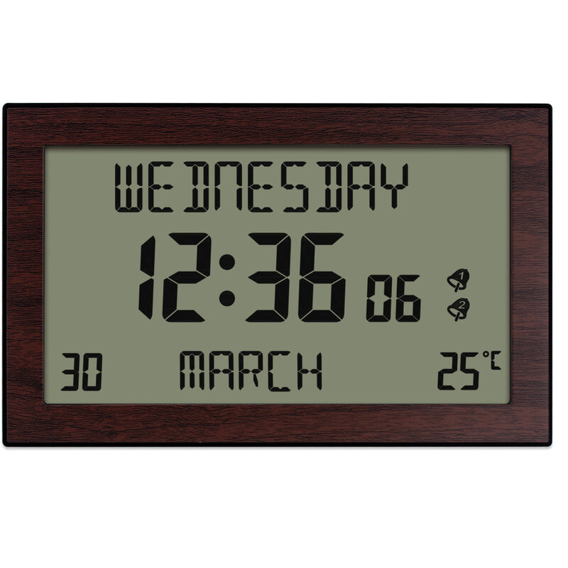 HORLOGE CALENDRIER : DATE, JOUR DE LA SEMAINE, HEURE + TEMPERATURE - GRANDS CARACTÈRES - Télécommande - 2 alarmes - Effet bois - 24cm 16cm cm