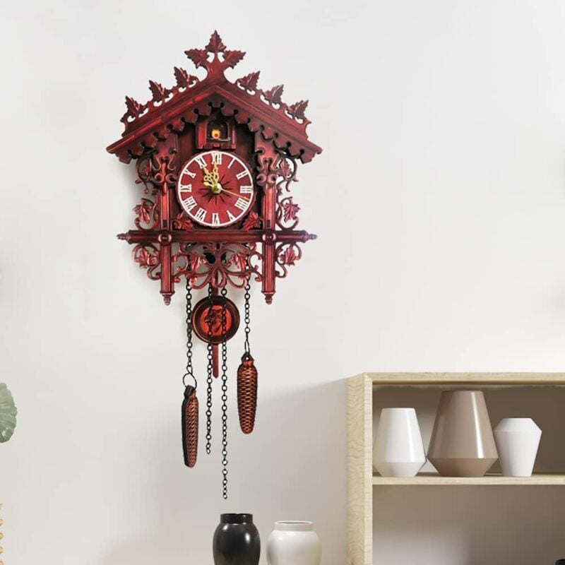 Horloge Coucou Vintage Rouge Traditionnelle de la Forêt Noire Antique Horloge Murale à Quartz pour Salon Chambre à Coucher Bureau Cuisine Lieu Public