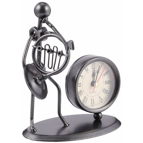 Horloge de Bureau Vintage Corne Française Horloge de Vélo en Métal Musicien Figurine Rétro Horloge de Table Ornement pour La Décoration de Bureau à Domicile