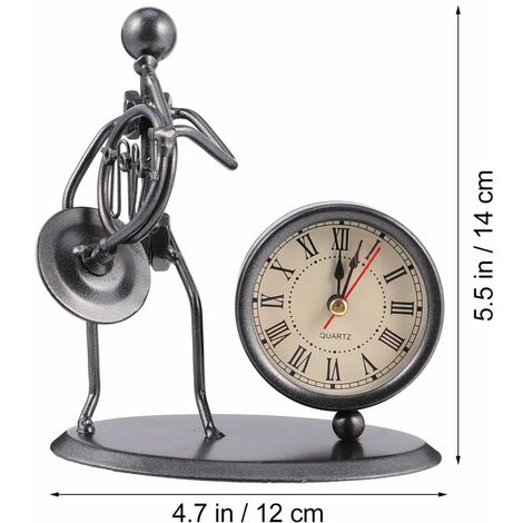 Horloge de Bureau Vintage Corne Française Horloge de Vélo en Métal Musicien Figurine Rétro Horloge de Table Ornement pour La Décoration de Bureau à Domicile