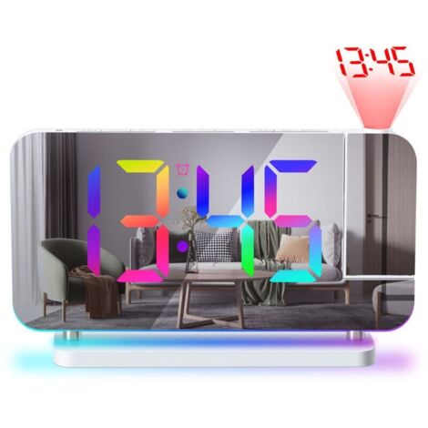 Horloge de Chevet Projecteur Digitale - Écran Miroir LED de 18,8cm, Projection Orientable à 180°, Éclairage d'Ambiance RVB, Recharge par USB-C, Luminosité Automatique - Design Moderne