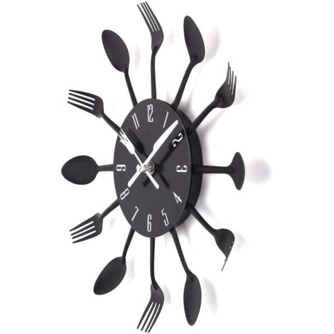 Horloge de cuisine avec effet miroir et autocollant 3D amovible pour cuillère et fourchette