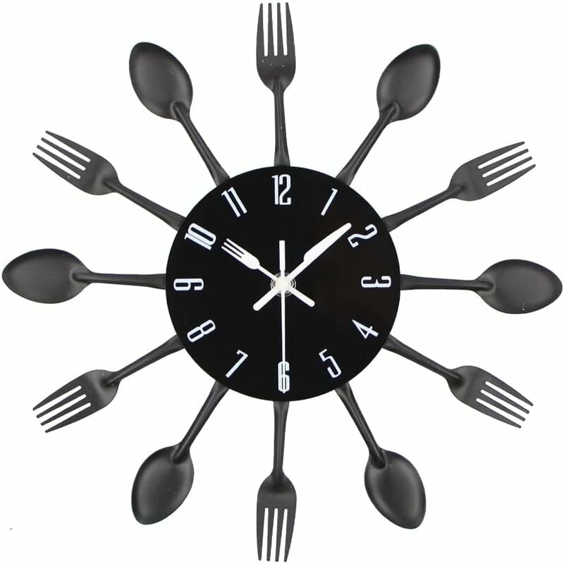 Horloge de cuisine effet miroir avec cuillère, fourchette, autocollant amovible en 3D pour la décoration de la maison 30304CM Noir