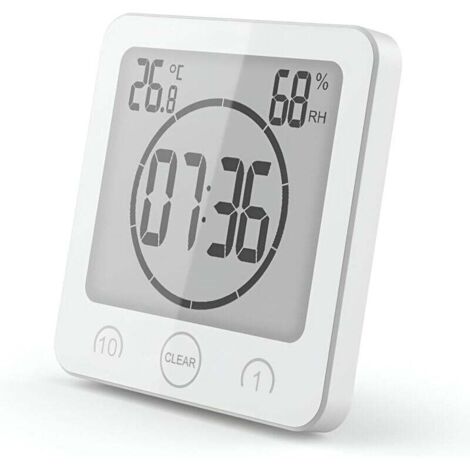 Horloge de douche étanche pour salle de bain, réveil numérique LCD tactile, thermomètre, hygromètre, minuteur, alimentée par piles, convient à une utilisation en cuisine (blanc).
