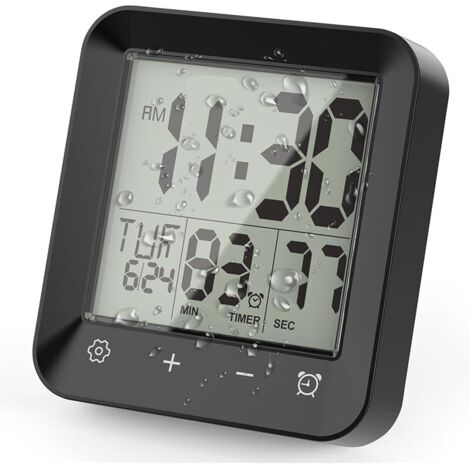 Horloge de douche numérique, étanche, avec compte à rebours et affichage de la température, horloge de salle de bain tactile, avec ventouse et anneau de suspension pour enfants et adultes, noir