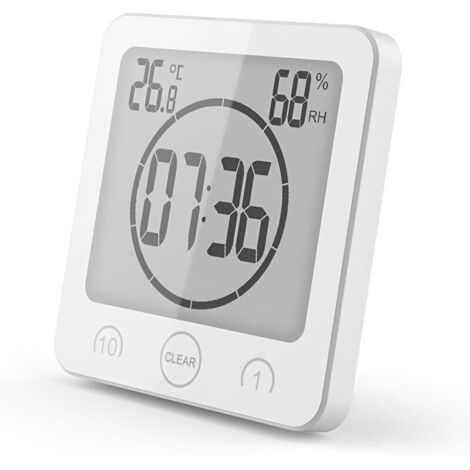Horloge de Douche Salle de Bain, Contrôle Tactile étanche, Alarme Numérique LCD, Thermomètre Hygromètre, Minuterie de Compte à Rebours, Alimenté par Pile, pour Maquillage Cuisine (blanc)