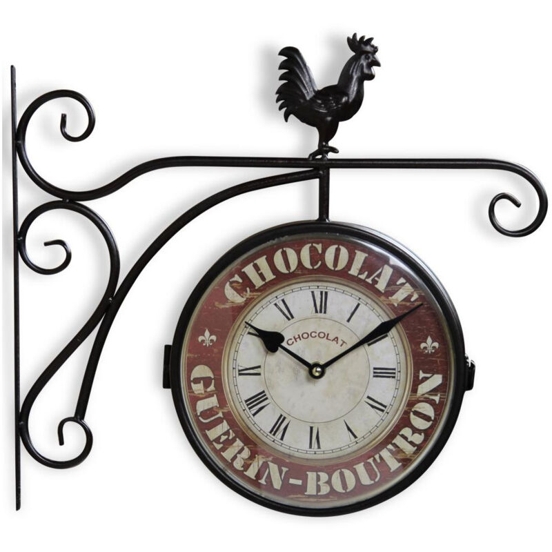 Decoration D ’ Autrefois - Horloge De Gare Ancienne Double Face Chocolat Guerin-Boutron Fer Forge Rouge-Bordeaux 24cm - Fer Forgé - Rouge-Bordeaux