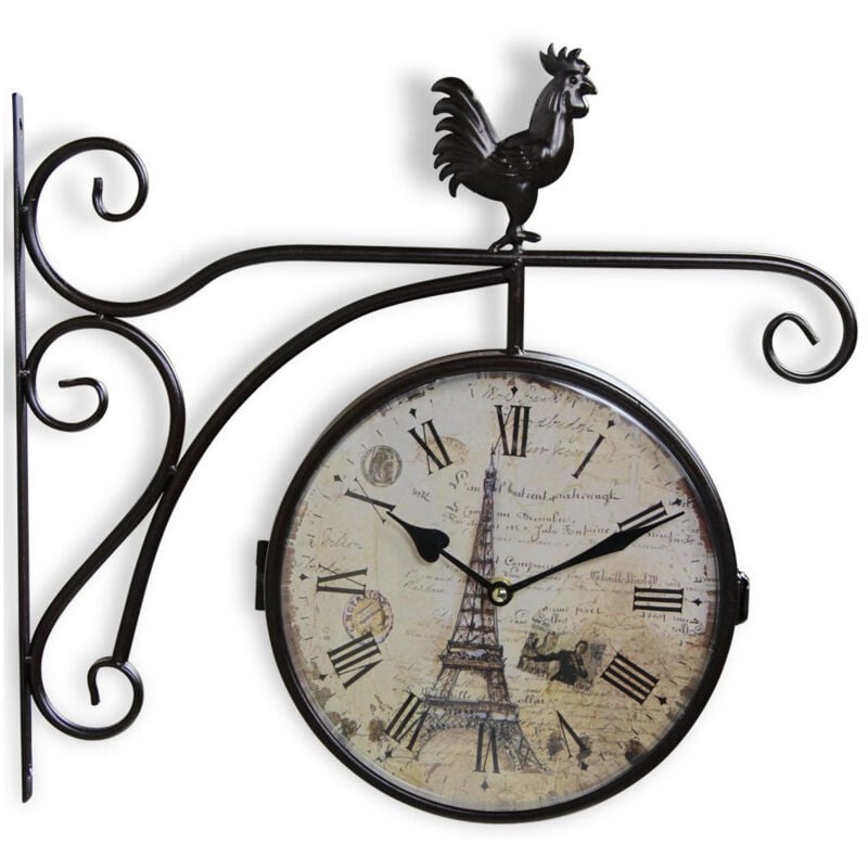 Decoration D ’ Autrefois - Horloge De Gare Ancienne Double Face Paris Tour Eiffel Fer Forge Blanc 24cm - Fer Forgé - Blanc