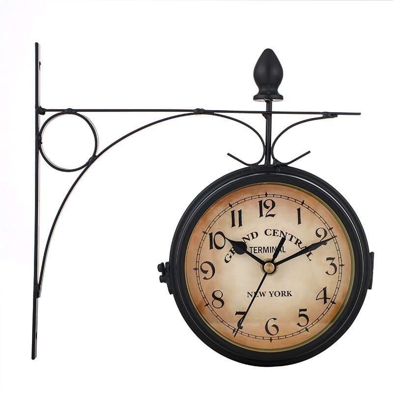 Horloge de Gare Rétro Double Face, Horloge Murale étanche, Cadran avec Potence de Fixation Pendule Double Face pour L'intérieur et L'extérieur Maison