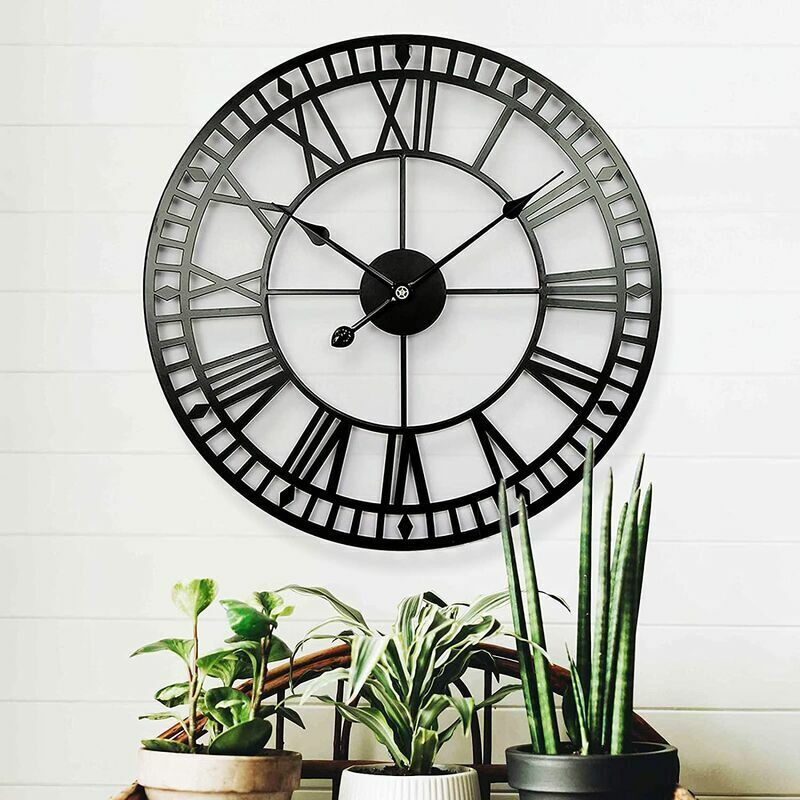 Horloge de Jardin Résistante aux Intempéries Rétro Chiffres Romains Vintage Simple Ferronnerie Horloge Extérieure à Piles Silencieuse 40cm
