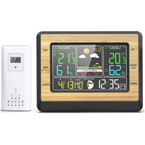 Horloge de prévision météo à écran couleur, compteur de température et d'humidité, réveil électronique multifonctionnel, mesure barométrique, station météo avec affichage des phases de la lune