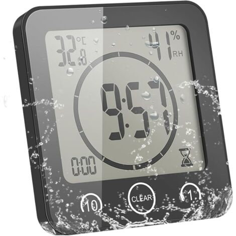 Horloge de Salle de Bain, Alarme Numérique LCD Avec Horloge de Douche Tactile étanche, Humidité de la Température, Compte à Rebours, 3 Méthodes de Montage, Alimentation par Batterie (Noir)