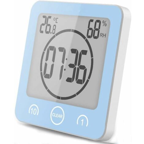 Horloge de Salle de Bain, Horloge de Douche Contrôle Tactile étanche, Alarme Numérique LCD, Thermomètre Hygromètre, Minuterie de Compte à Rebours, Alimenté par Pile, pour Maquillage Cuisine (Bleu)