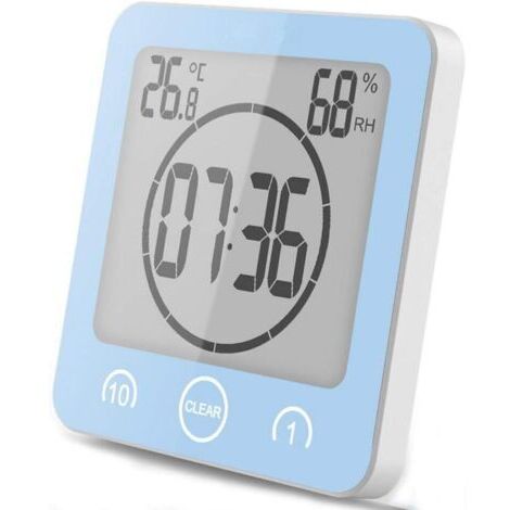 Horloge de Salle de Bain, Horloge de Douche Contrôle Tactile étanche, Alarme Numérique LCD, Thermomètre Hygromètre, Minuterie de Compte à Rebours, Alimenté par Pile, pour Maquillage Cuisine (Bleu)