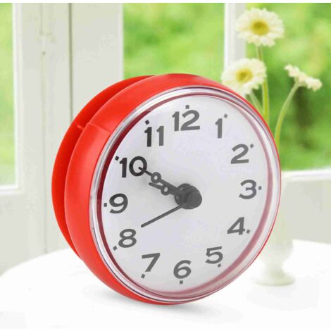 Horloge de salle de bain, horloge murale ronde, mini horloge de douche, salle de bain, cuisine, salon, chambre à coucher, horloge à ventouse étanche (piles non incluses) (rouge)
