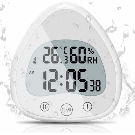 Horloge de Salle de Bain， LCD Alarme Numérique avec Horloge de Douche Tactile étanche, Minuteries étanche Thermomètre Horloge d'affichage Portable avec Ventouse pour Cuisiner, Apprendre，